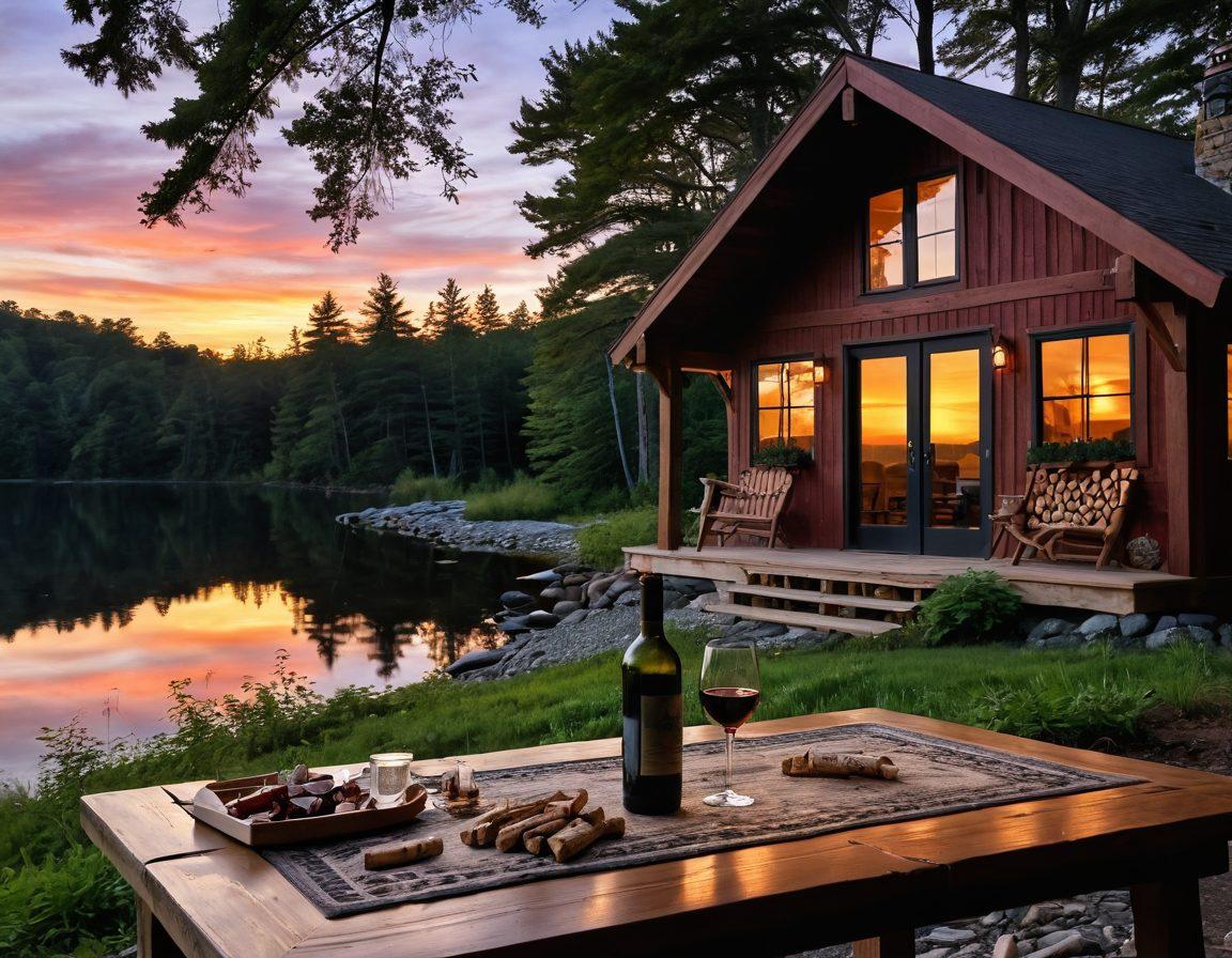 A cozy wooden cabin in the scenic Maine woods, with a glass of red wine on a rustic table overlooking a beautiful sunset. An assortment of wine bottles and corks scattered around, adding a playful touch. Surrounding the cabin are lush green trees and a tranquil lake reflecting the colorful sky. The atmosphere is warm and inviting, embodying relaxation and luxury. super-realistic. vibrant colors. warm ambiance.