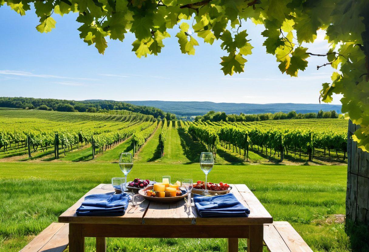 A picturesque vineyard in Maine, featuring rolling green hills and rows of grapevines under a bright blue sky. In the foreground, a rustic wooden table set for a wine tasting, adorned with wine glasses, cheese platters, and scenic views of a charming winery. Add a couple enjoying the moment with laughter and wine glasses raised in a toast. Include elements of relaxation, adventure, and nature intertwined. super-realistic. vibrant colors.